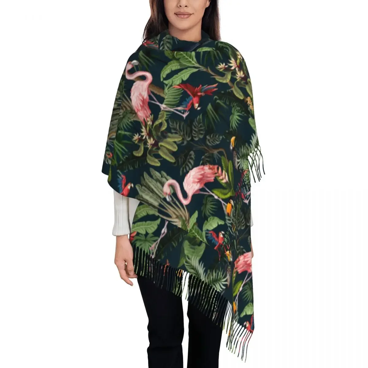 Custom Jungle Pattern With Toucan Flamingo And Parrot Scarf Wrap for Women Long Winter Warm Tassel Shawl Tropical Bird Scarves