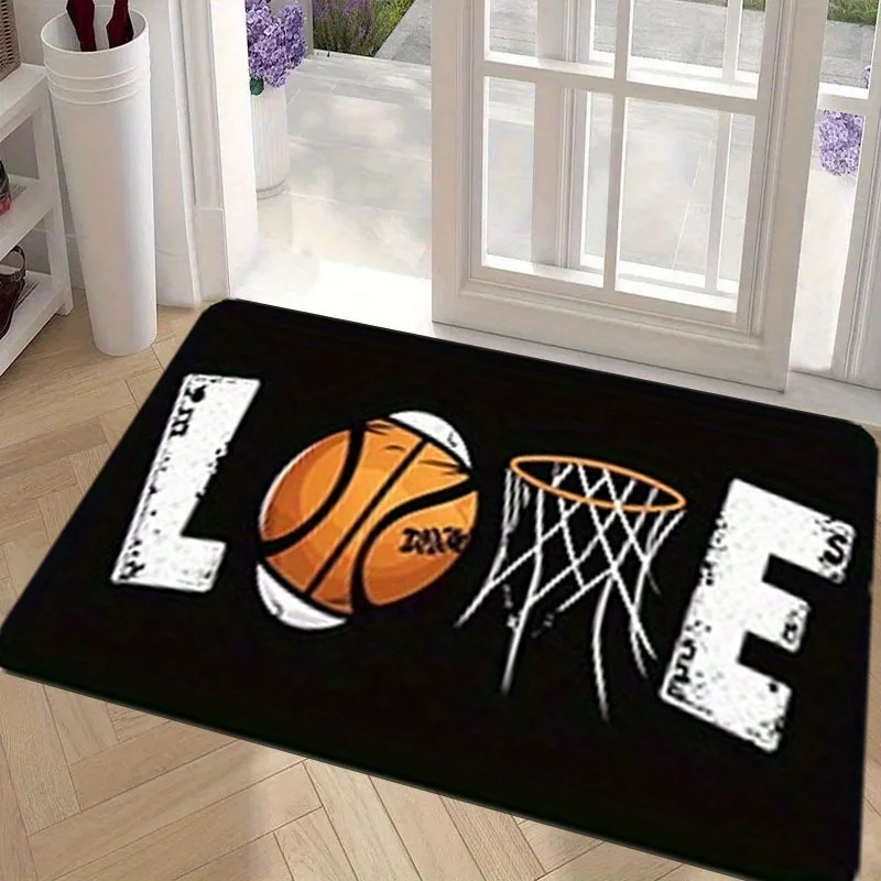 Basketball Love Doormat, Sports Typography Rug, Gym Locker Room Floor Mat, Non-Slip Entryway Carpet, Boy Room Home Decor
