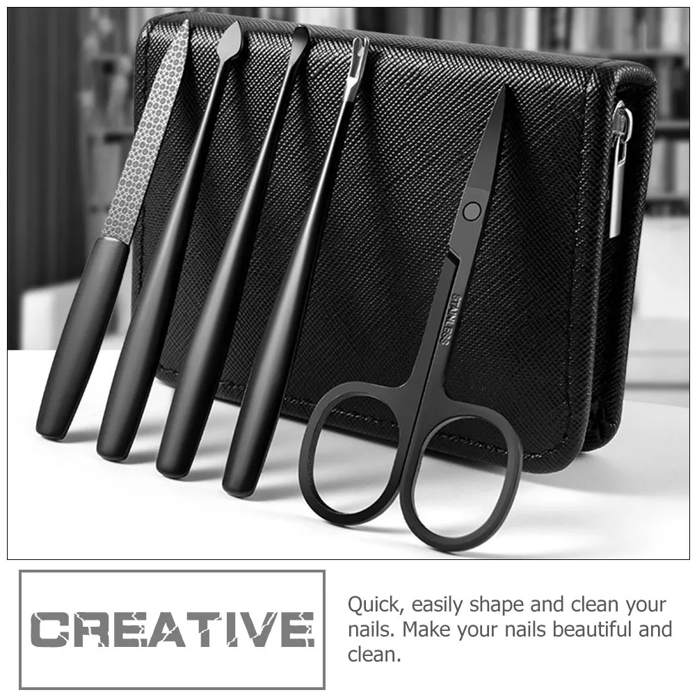 

1set 1Set Stainless Steel Manicure Kit Black Nail Clipper File Eyebrow Scissor Ear Pick Pedicure Tool Set Nail Care Kit For