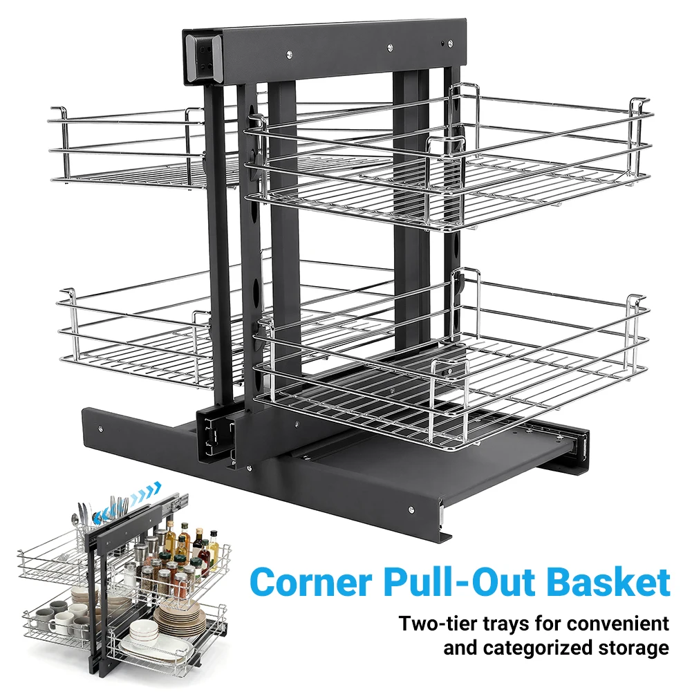 

Dual Tier Pull-Out Basket Damping Buffer Blind Corner Pull Out Organizer Left Open & Right Open Compatible for Blind Corner