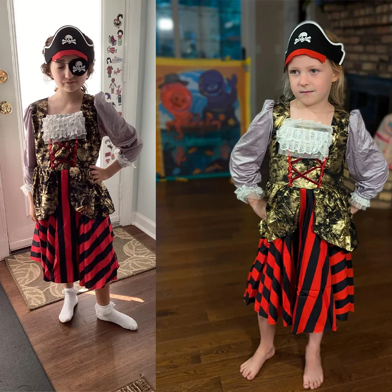 

Children Pirate Halloween Costume Girls Lace Print Princess Dress+Eye Mask+Headband For Kids Party Performance Evening Prom Gown