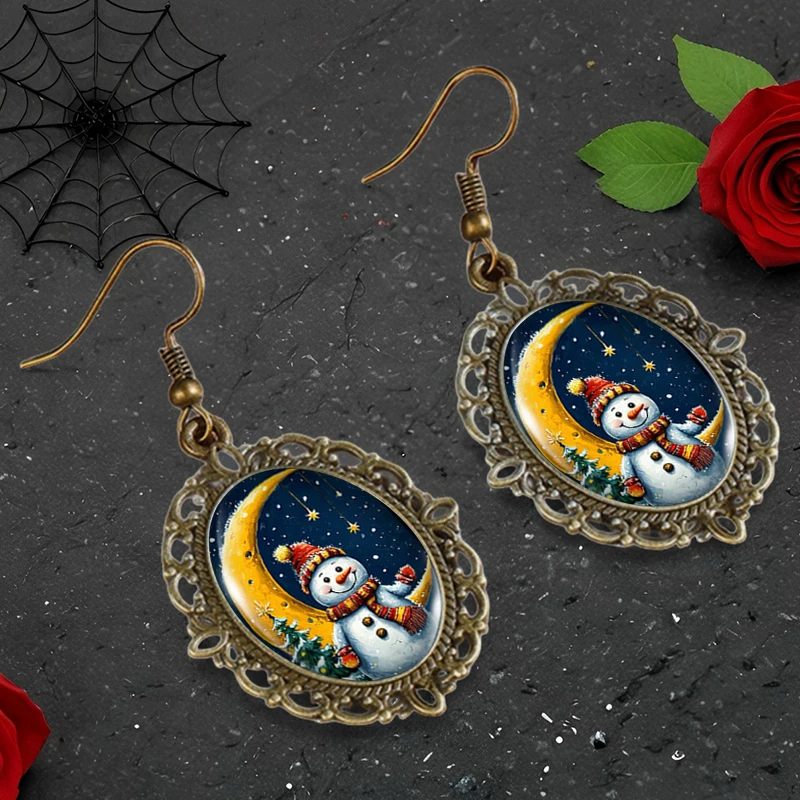 لطيف ثلج وكريسنت صورة البيضاوي الزجاج كابوشون زهرة على شكل خطاف الصيد أقراط الهدايا اليدوية