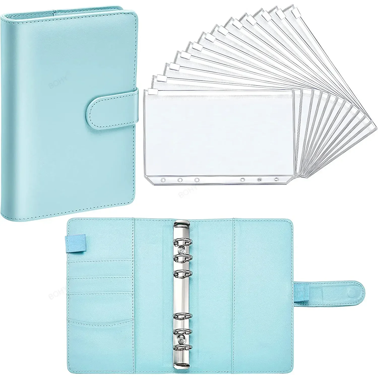 Archivador A6 de cuero PU con bolsillos, hojas de gastos, cuaderno, sistema de organizador de sobre de efectivo, accesorios transparentes con cremallera