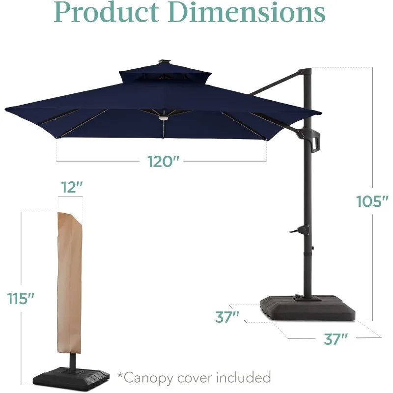 10x10ft 2-Tier Square Cantilever Patio Umbrella with Solar LED Lights, Offset Hanging Outdoor Sun Shade