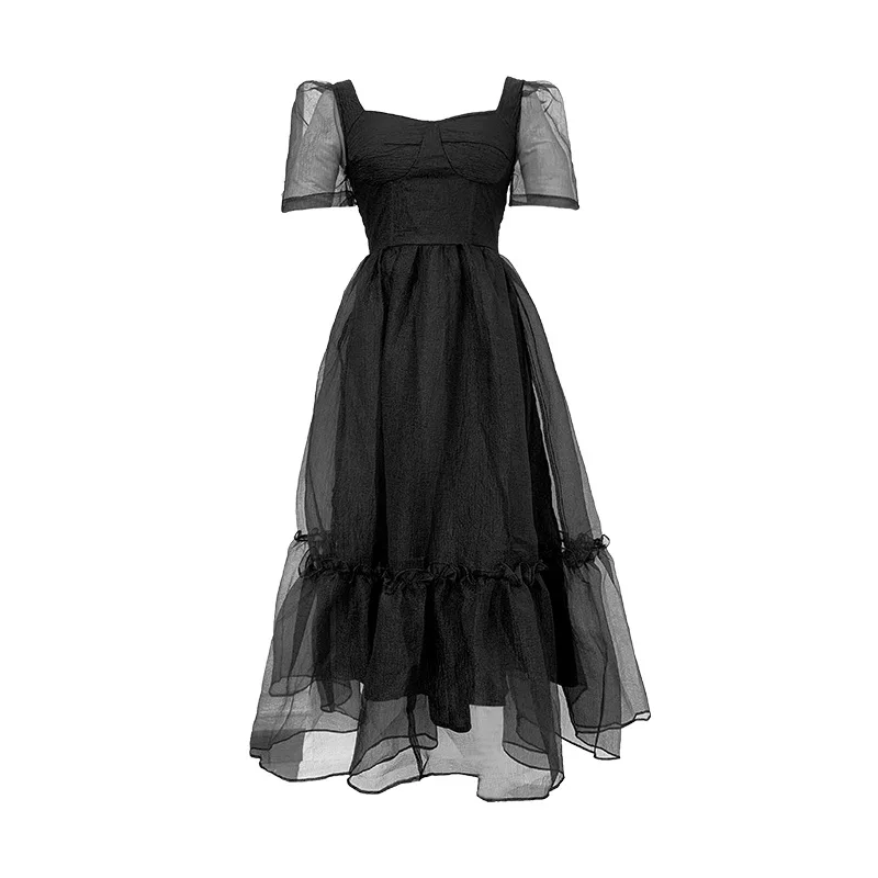 Letnia Nowa Damska Sukienka z Organzy w Stylu Mori, z Delikatnym Temperamentem, z Marszczeniem w Talii i Efektem Puszystości, Sukienka Lisianthus