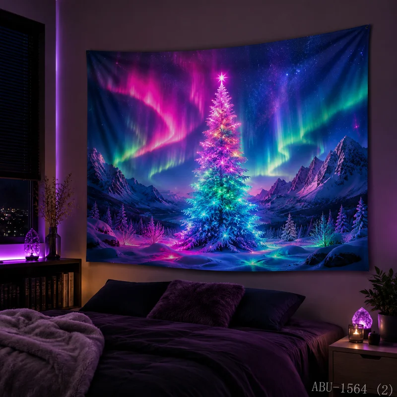 VIKAMA Neon Rainbow Aurora Tree Snowy Mountain Starry Forest Glow Winter Art Christmas Tapestry Wall Hanging Bedroom Living Room