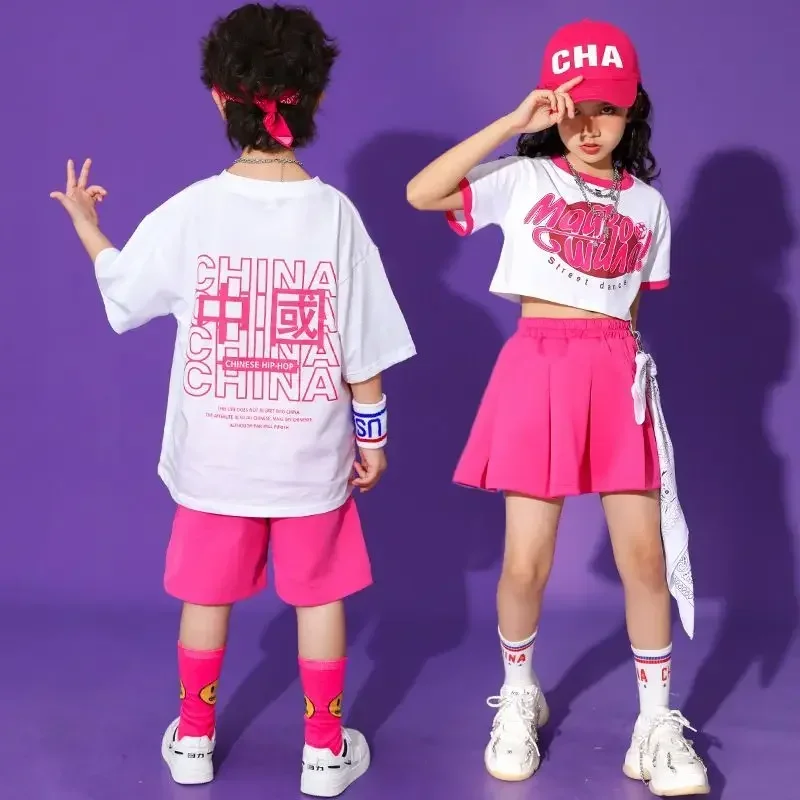 Girls Hip Hop Pink Crop Top Rose Plaid Skirts Boys T-shirt Street Dance Shorts Child Sweet Summer Clothes Sets Kids Jazz Costume