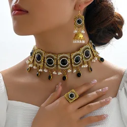 Vintage Gold Plated Jewelry Set for Women Green Black Rhinestone Choker Pearl Necklace Tassel Earrings Ring Christmas Jewellery