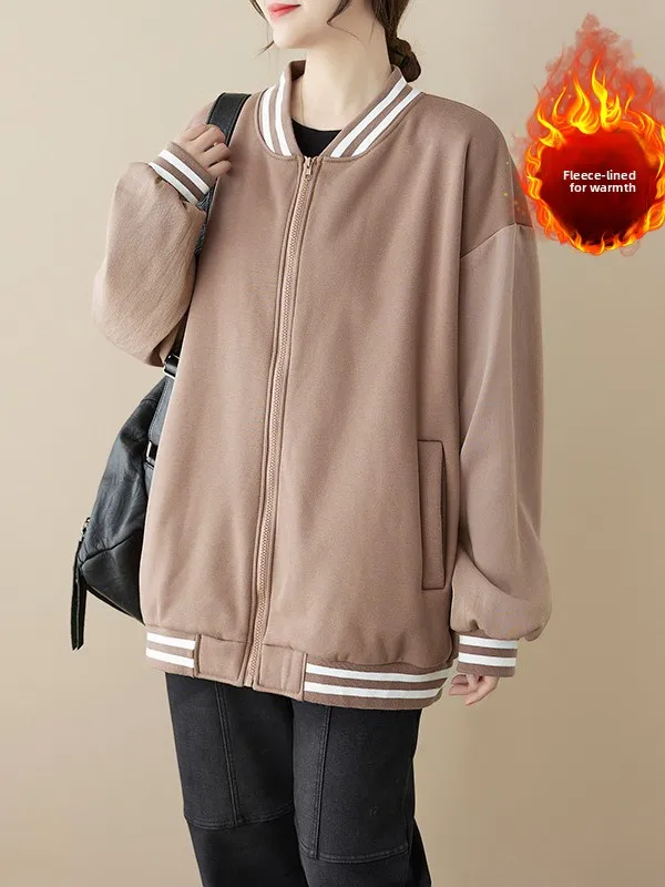 เสื้อคลุมสไตล์เรโทรลายทางต่อผ้าสำหรับผู้หญิงไซส์ใหญ่ คอตั้ง แขนยาว ซิปเปิด