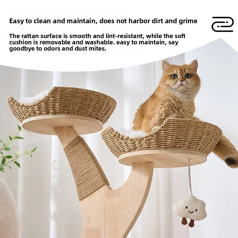 Natural Wood Cat Tree With Wicker Cat Beds Sisal Scratching Areas And Interactive Toys Multi Tier Design For Year