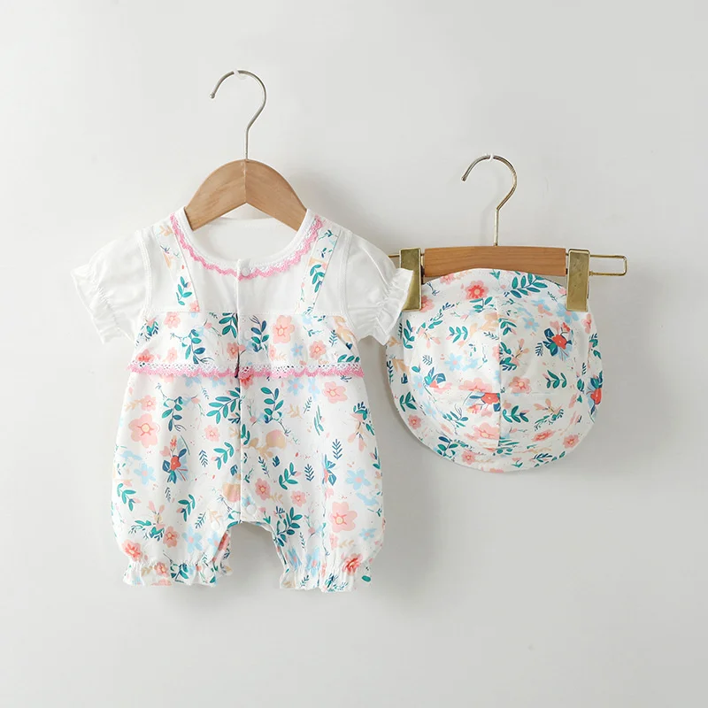 

Newborn Baby Girls Romper+Hat Summer Thin Toddler Baby Girls Clothing Short Sleeve Cotton Print Infant Jumpsuit Cap Set 0-2Years