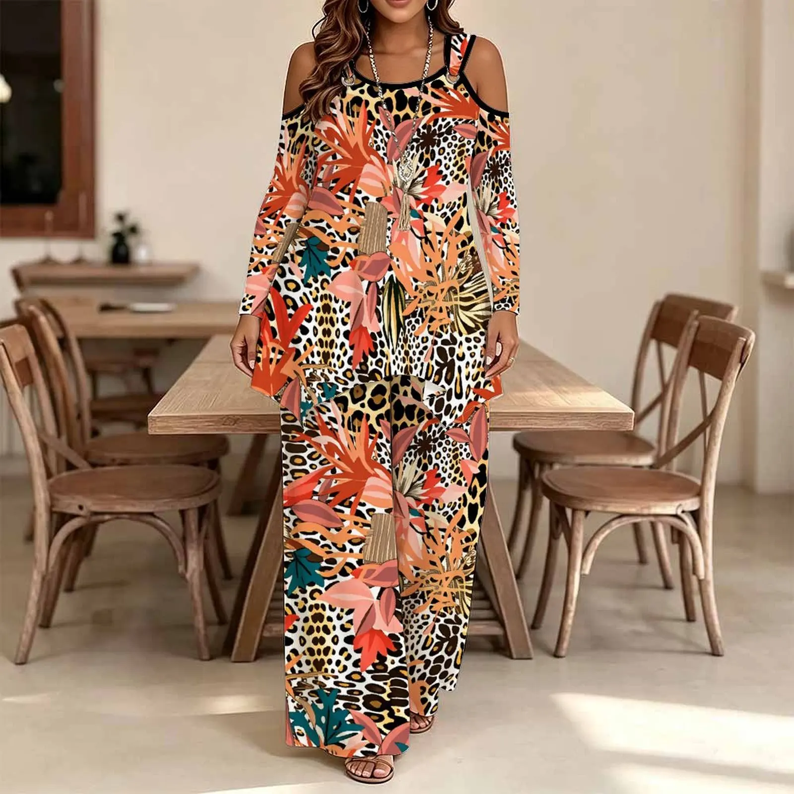 Plus Size Women's Irregular Top Printed Trousers Autumn Long-sleeved Off-the-shoulder T-shirt Winter Two-piece Set Elegant Pants