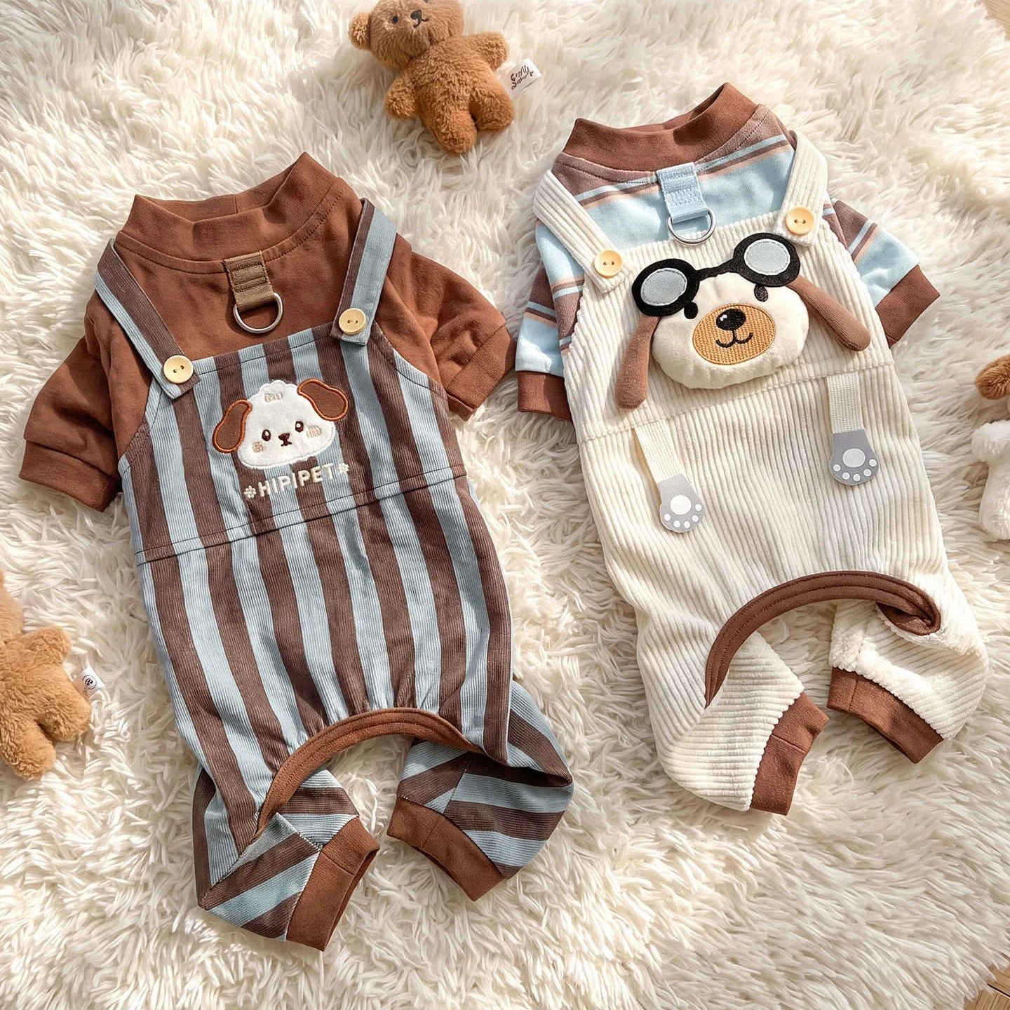 Pet Overalls Corduroy Fake Two-Layer Four-Legged Clothes Autumn Winter Warm Small Medium Dogs Cute Vertical Striped Jumpsuit