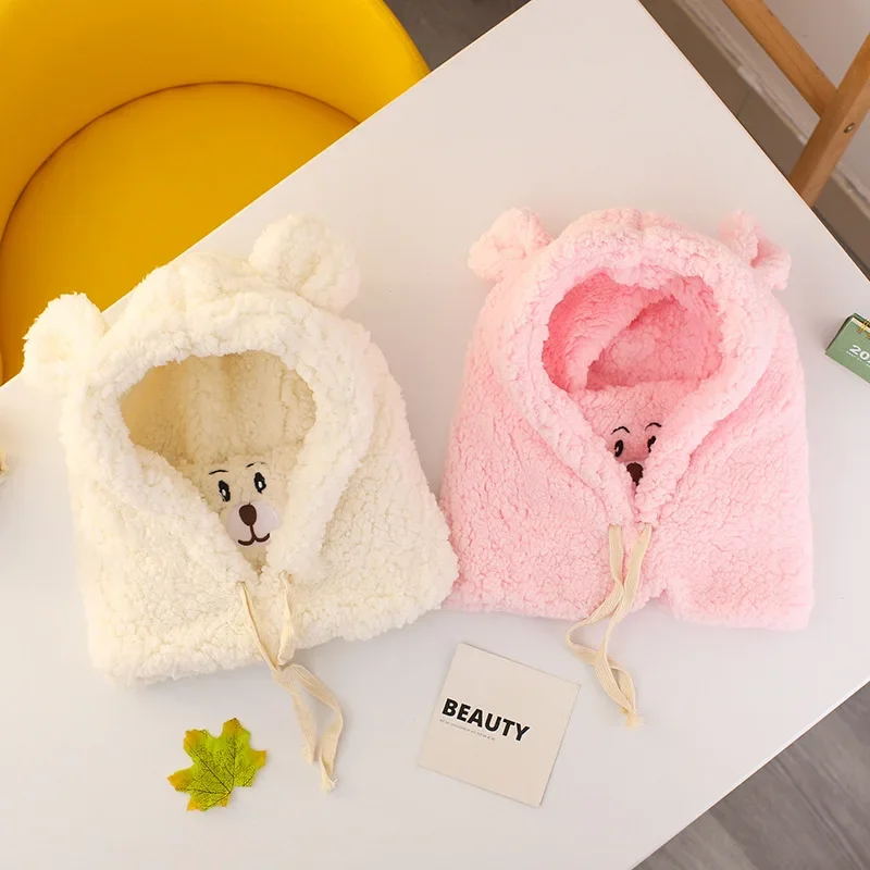 

Winter Baby Lamb Fleece Hat Cute Cartoon Bear Kids Plush Beanie Cap for Infant Winter Warm Mask Scarf Hats