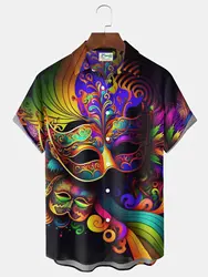 2025 Mardi Gras Men's Mask Short Sleeves Artistic Casual Comfortable Outdoor Vacation Street Spring Summer Shirt Collar Printing