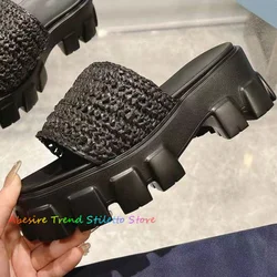 Handmade Woven Thick Soled Slippers For Women Platform Square Toe Leather Designer Brand Summer New Outside Flat Shoes