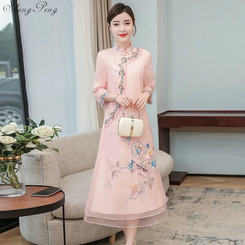 

Chinese Oriental Cheongsam Dress Women Print Traditional Chinese Wedding Dress Retro Elegance Evening Party Dresses V2958