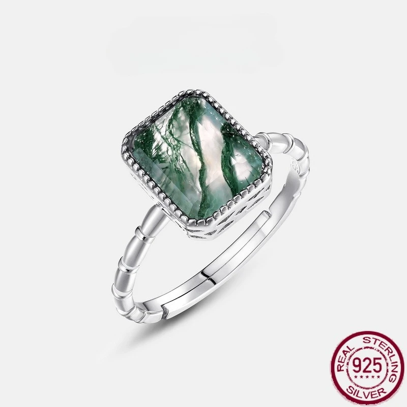 

New S925 sterling silver fashionable green moss inlaid geometric water grass agate ring, light luxury wedding jewelry