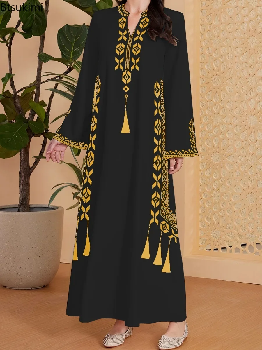 Fashion Muslim Abaya Women's Print V-neck Robe Spring New Long Sleeve Ethnic Style Casual Maxi Dress Arab Elegant Women Clothing 4