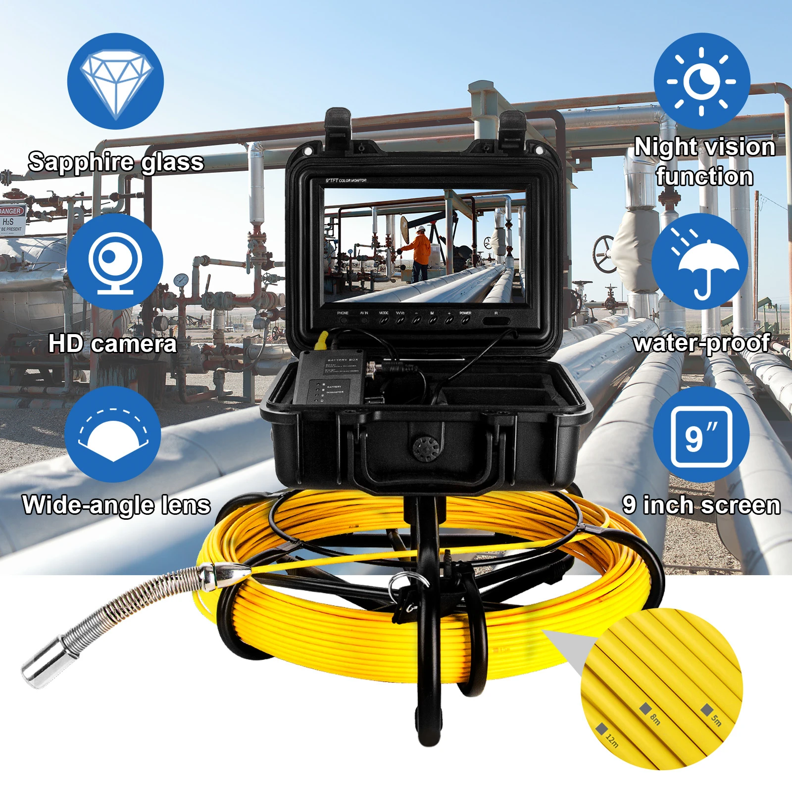 

SYANSPAN 512Hz Self Leveling 23mm Camera IP68 9"Monitor 16GB DVR Wifi Pipeline Sewer Industrial Endoscope Video Camera 5mm Cable