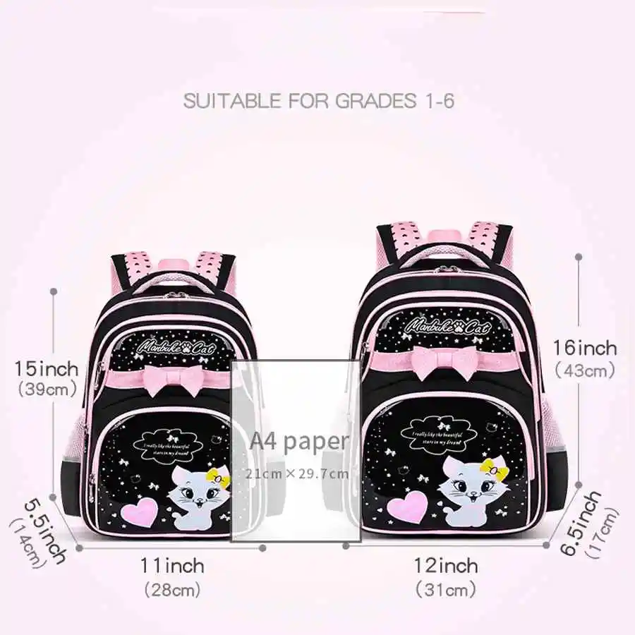 New Elementary School Students Schoolbag Girls Children's Shoulder Bag Kitten One, Two, Three, Four, Five, Six Grades 6-12 Years