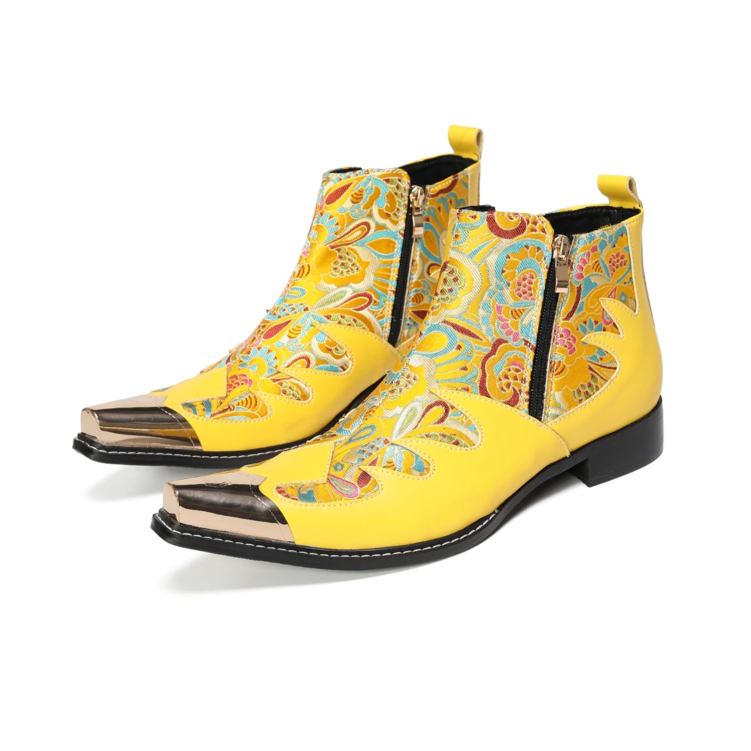 남성용 노란색 플로럴 자카드 가죽 앵클 부츠, 포인티드 - Men Shoes Yellow 리뷰 및 가격