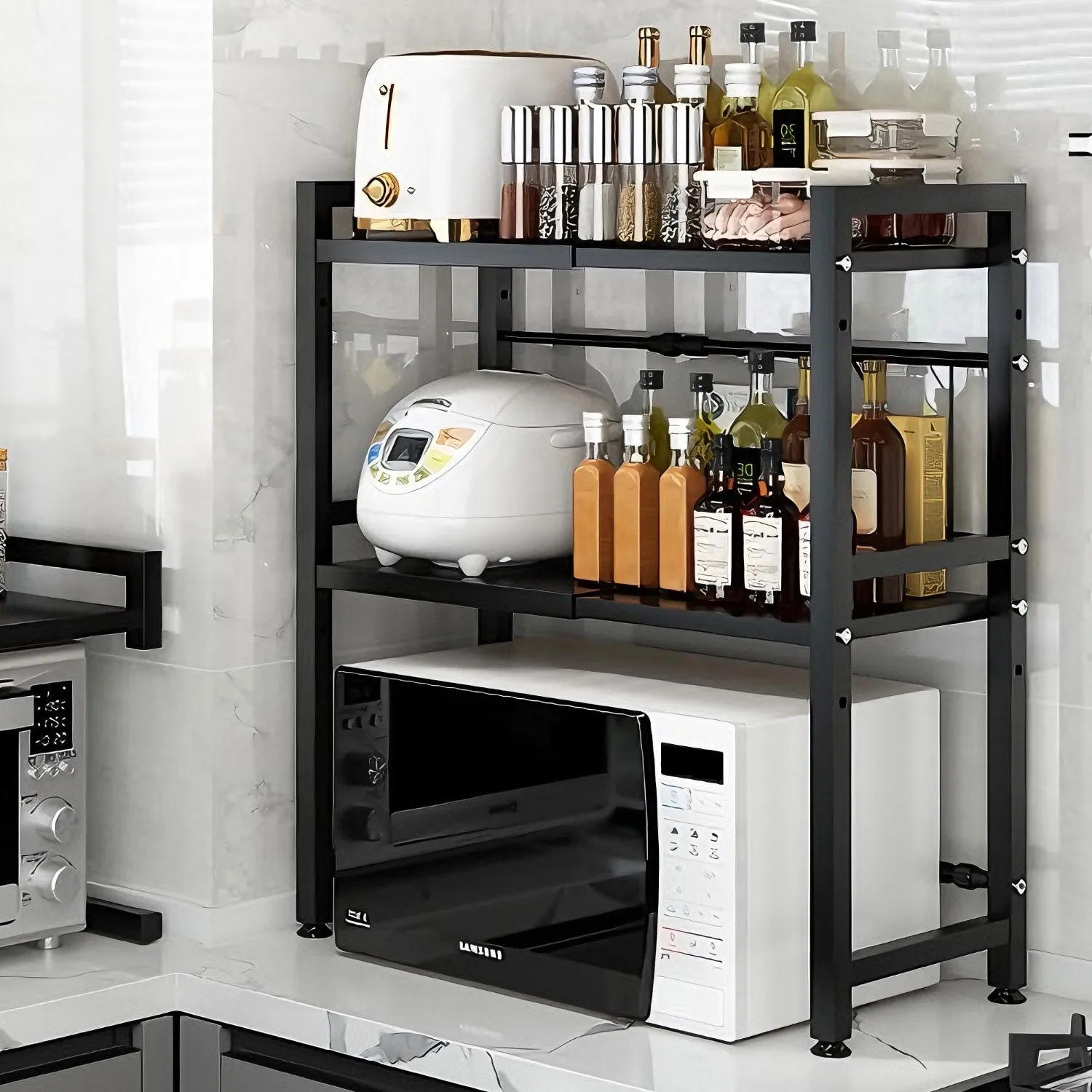 Estante Expandible para Microondas, Organizador de Cocina, Estante de Almacenamiento para Encimera de Microondas, Soporte Ajustable para Vajilla con 6 Ganchos