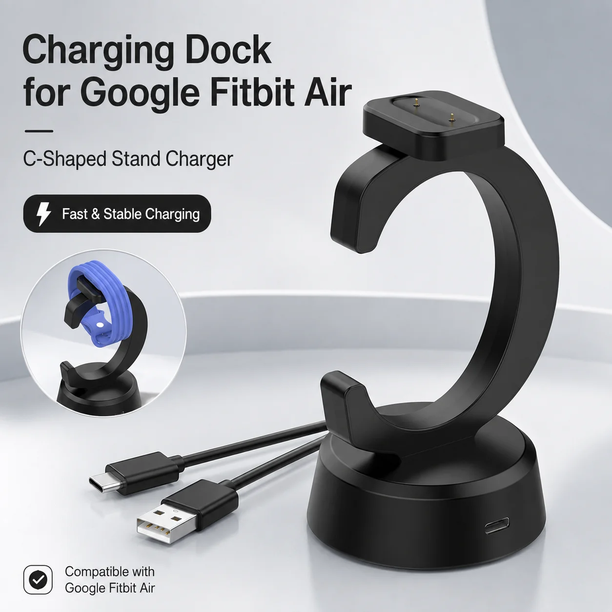 Charging Dock for Google Fitbit Air C-Shaped Charger Stand 2-Pin Charging Cradle USB Replacement Charger Base with Cable