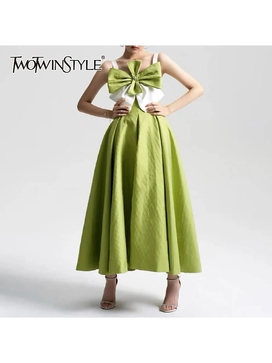 

TWOTWINSTYLE Hit Color Spliced Bowknot Elegant Dresses for Women Square Neck Sleeveless High Waist Long Dress Female Fashion New