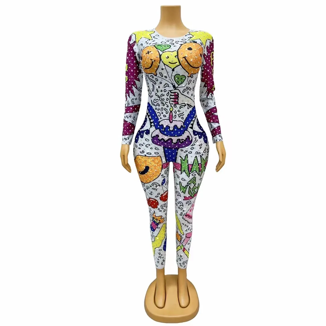 

Shining Rhinestones Performance CostumesWomen'S Sexy Colorful Balloon Cartoon StretchDance Dress Jumpsuit Birthday Suit C313