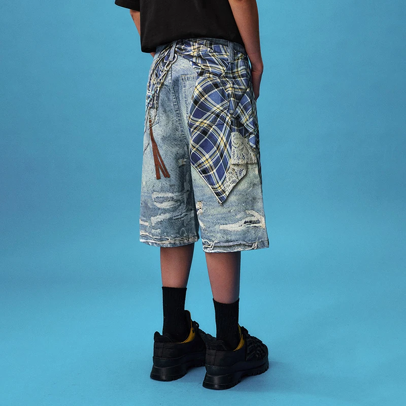 MWJLPWQ Plaid Chain Print Denim Shorts Men's American Street Style Loose Fit Casual Cropped Jeans 2026 Summer New 17495