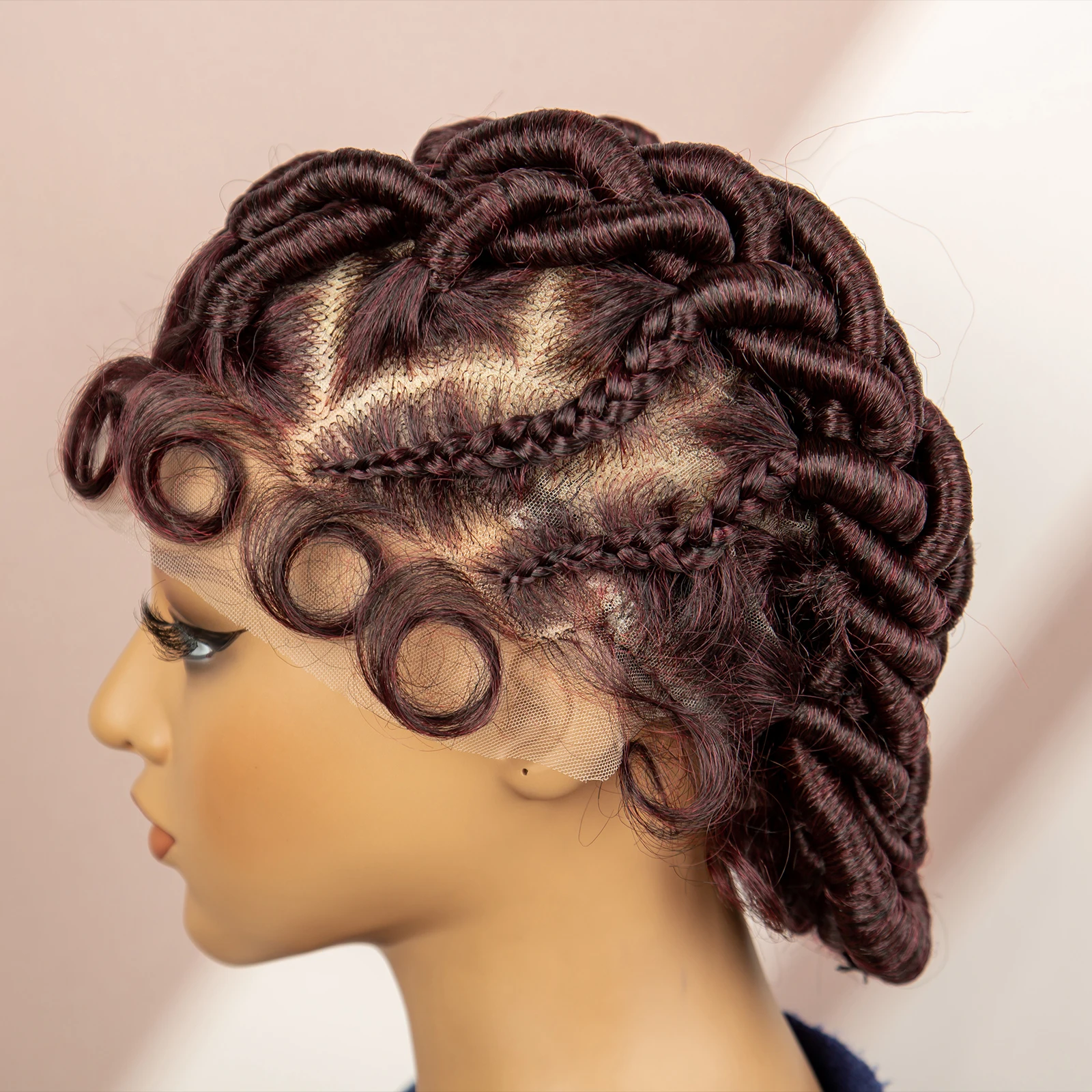 Peruca Trançada Curta com Cabelo de Bebê para Mulheres Negras, Marrom, Full Lace, 6 Polegadas, Bantu, Kinky