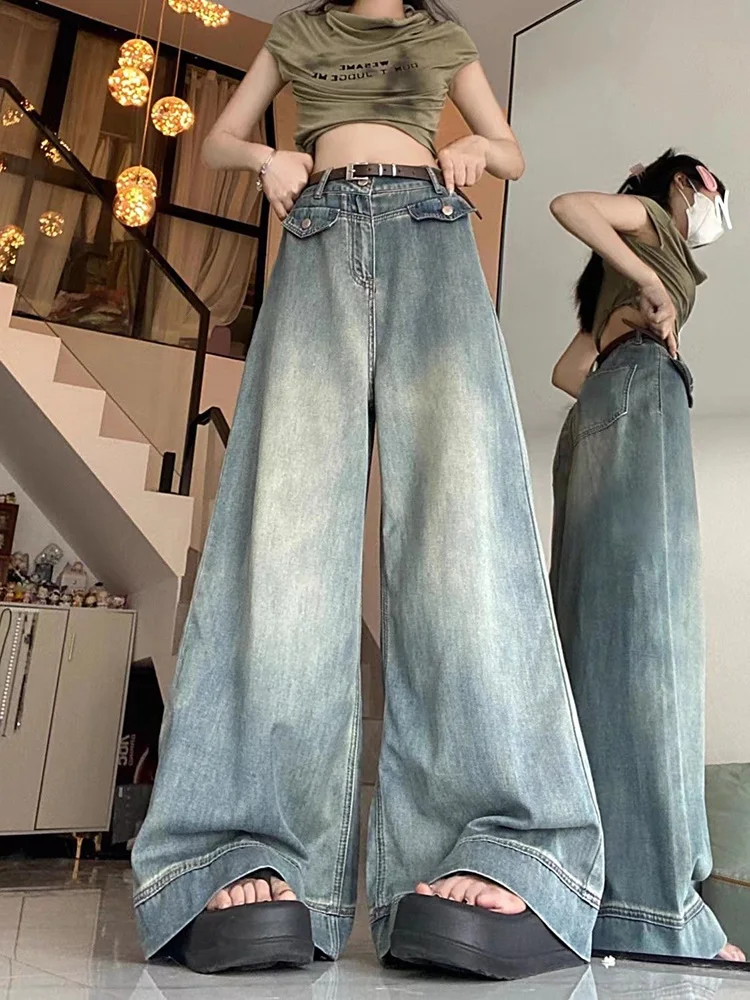 Primavera donna Vintage Y2k Jeans larghi vita alta pantaloni americani oversize Denim gamba larga Streetwear pantaloni di base dritti