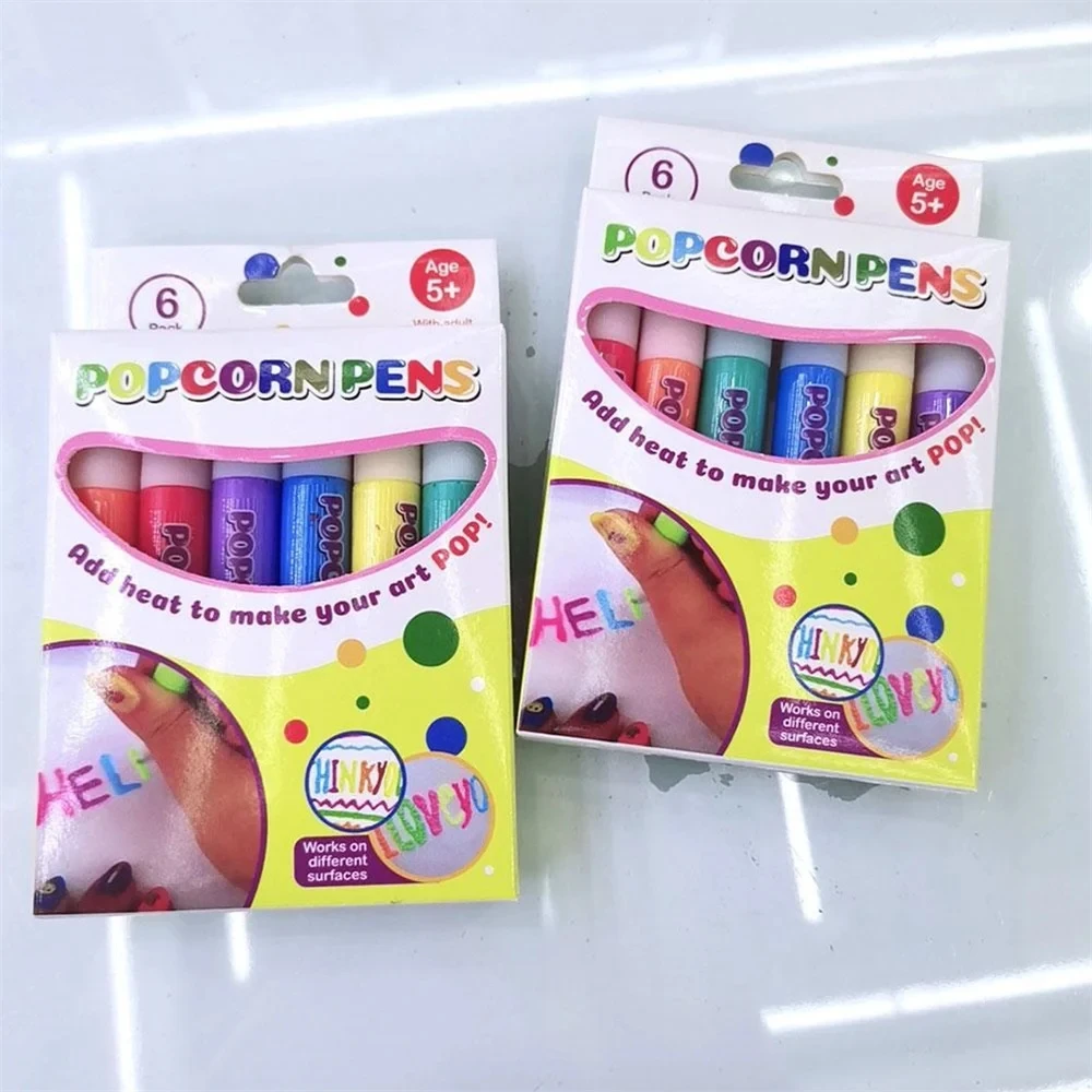 6pcs Magics Popcorn Pen 3D Art Safety Pen for Birthday Greeting Cards Children's Bubble Pen DIY Handmade Cotton Drawing Pen