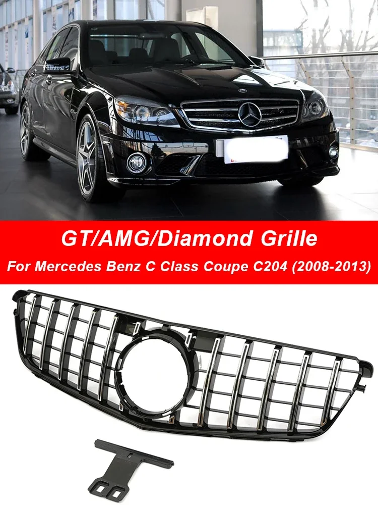 Front Bumper Grill Refiting GT Diamond AMG Style Grille For Mercedes Benz C Class W204 C180 C200 C300 C350 2008-2013 Replacement