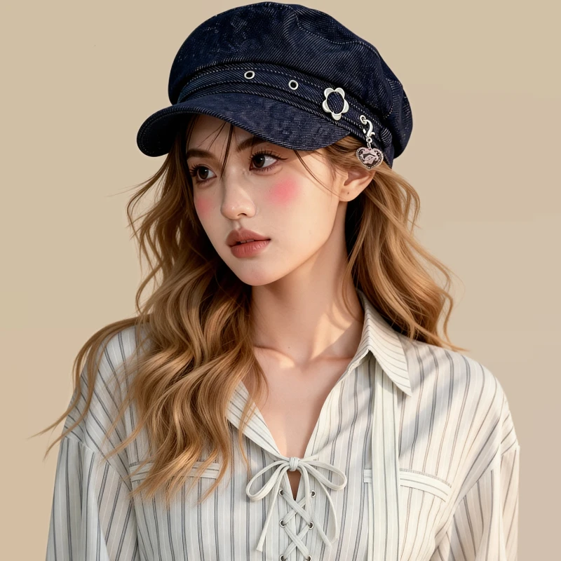 Koreanische Retro Flat-Top-Militärkappe mit Metallnieten für Damen – Steifer Denim-Schirm im Sweet Hot Girl Style mit Herz- und Blumenmuster, achteckige Sonnenkappe – Detail 1