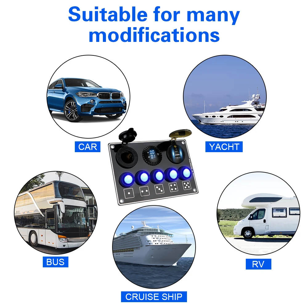 For RV Car Marine 12/24V LED Voltage Display Car Switch Panel 5 Gang