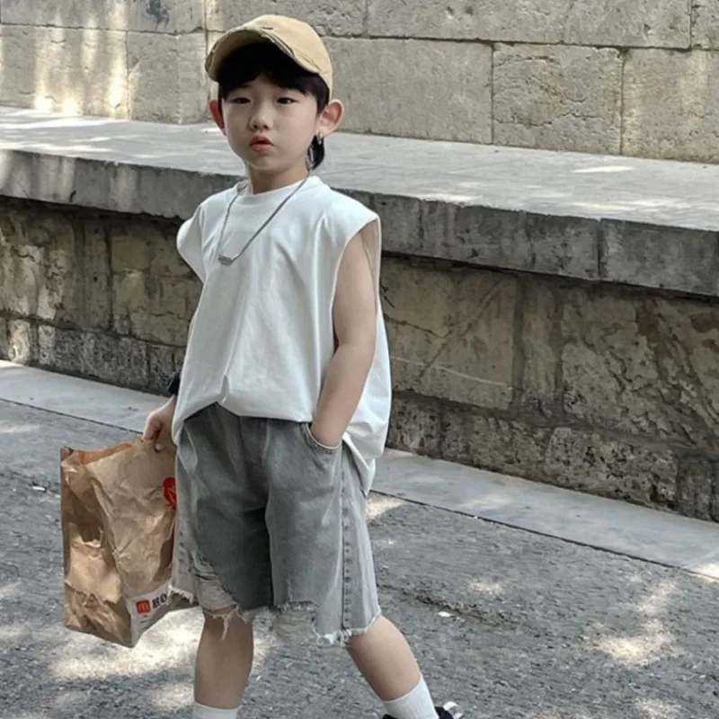 

2026 New Boys' Summer Thin Short Sleeve Tee Vest Shorts Set Kids Lightweight Cotton Casual Wear