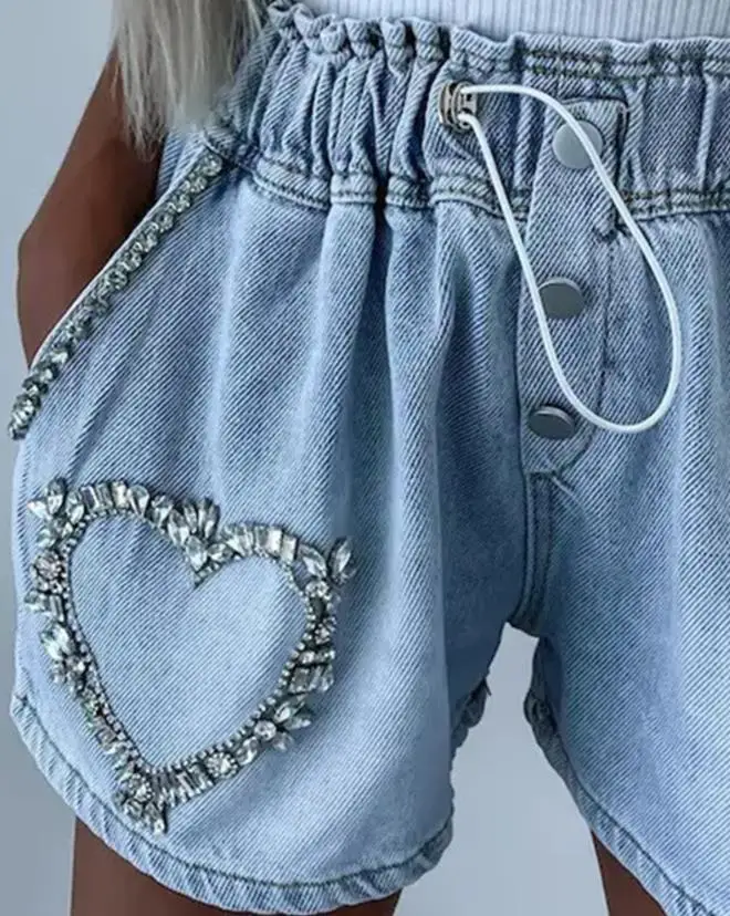 Y2K Fashion Cargo Shorts Splicing Rhinestone Heart Pattern Drawstring Loose Elastic High Waist Straight Denim Shorts Streetwear