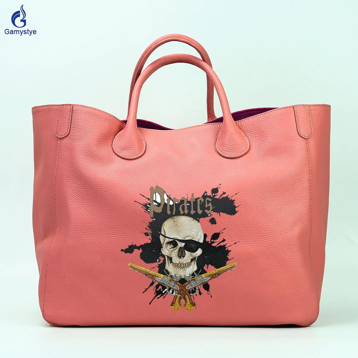 Art Print Gun Skull Head Customize Totes 100% Real Cowhide Leather Women Clutch purses and handbags Designer Ladies purses New