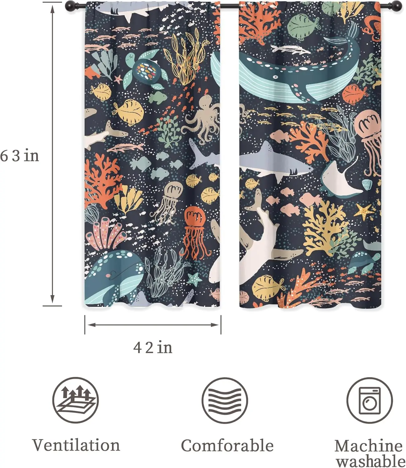 Kids Fish Curtains Funny Shark Cartoon Sea Creature Ocean Whale Underwater Blue Turtle Seaweed Child Animal Rod Pocket Nature