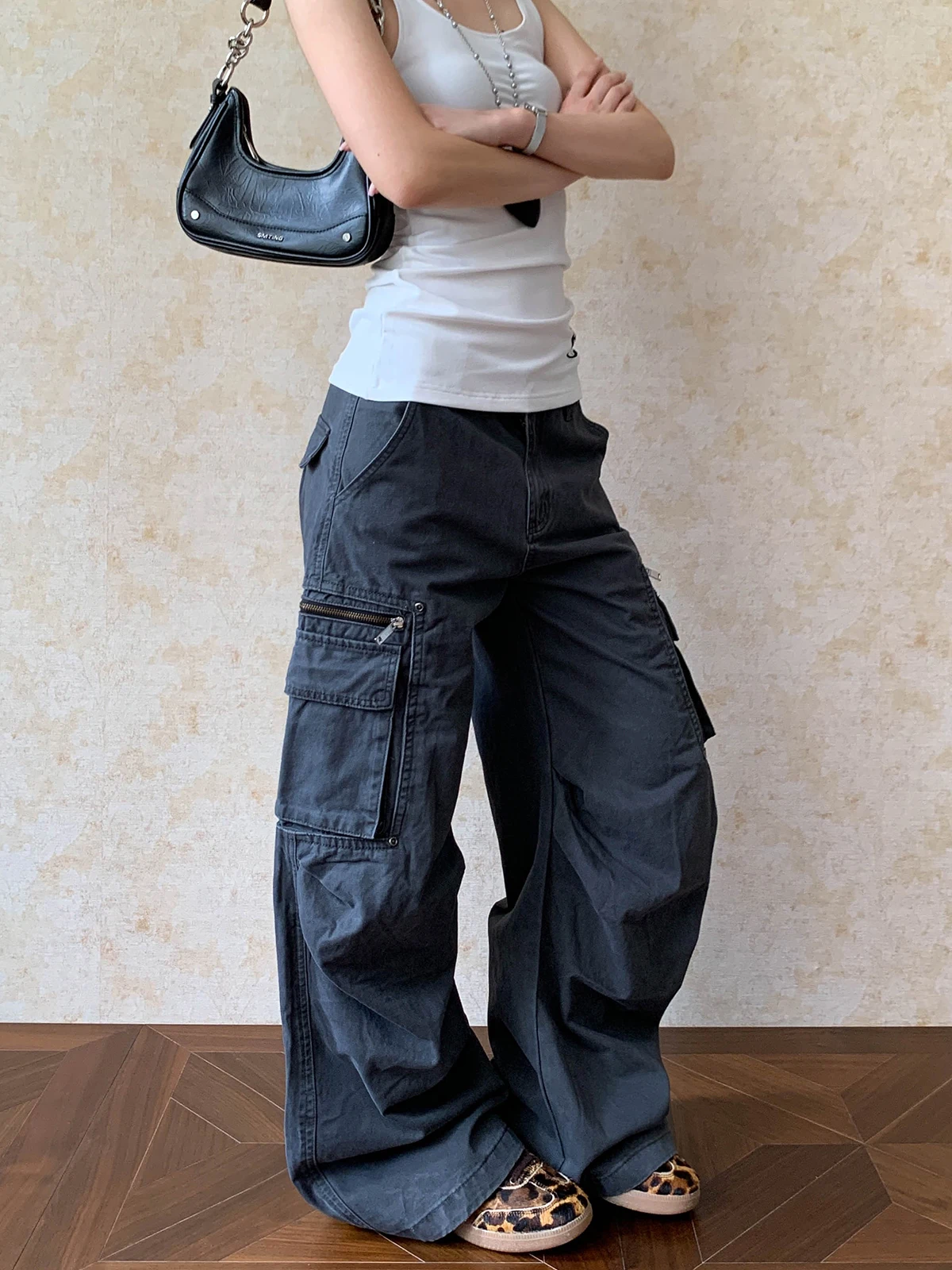 

Retro Faded American High Street Work Pants Men's Loose Casual Trousers with Pockets High Waist Denim Fabric Autumn Wear