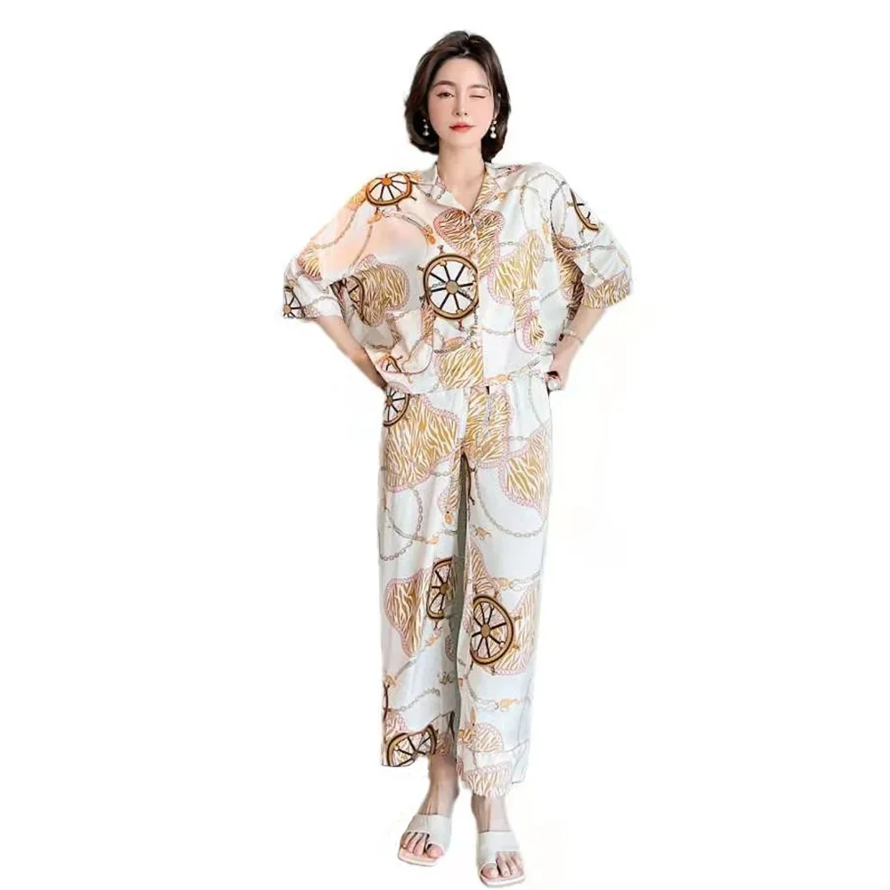 2021 Luxury Printing Pajamas Set for Women Printed Loose Large Size Ice Silk Set Fashion Home Service Sleepwear Homewear Clothes