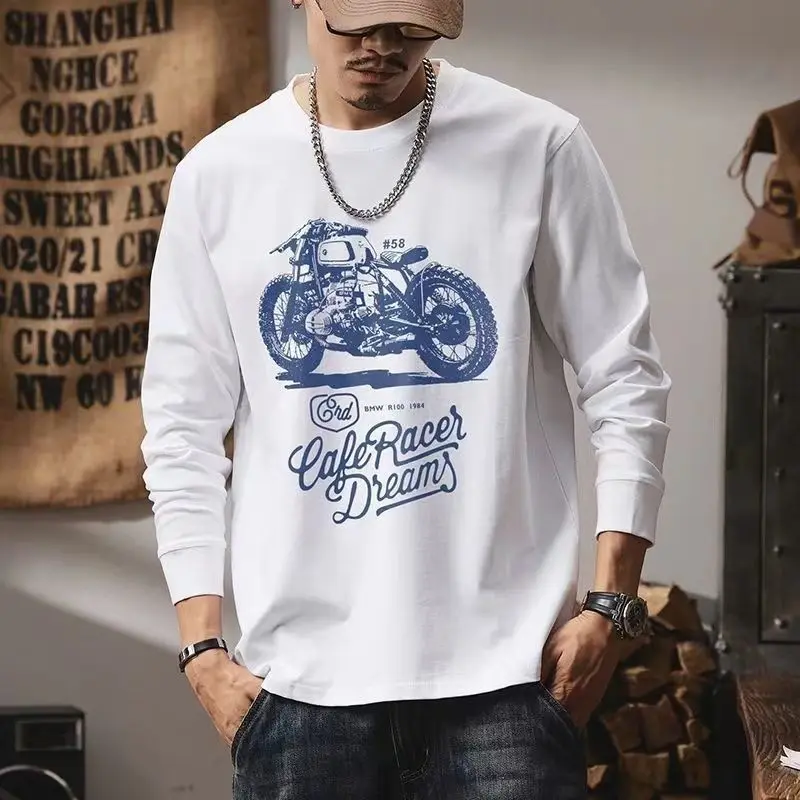Men's Clothing Shirt Graphic Long Sleeve 100%Cotton Casual O-Neck Tees Race Car Moto Print Autumn Winter Luxury Designer Tshirt view 5