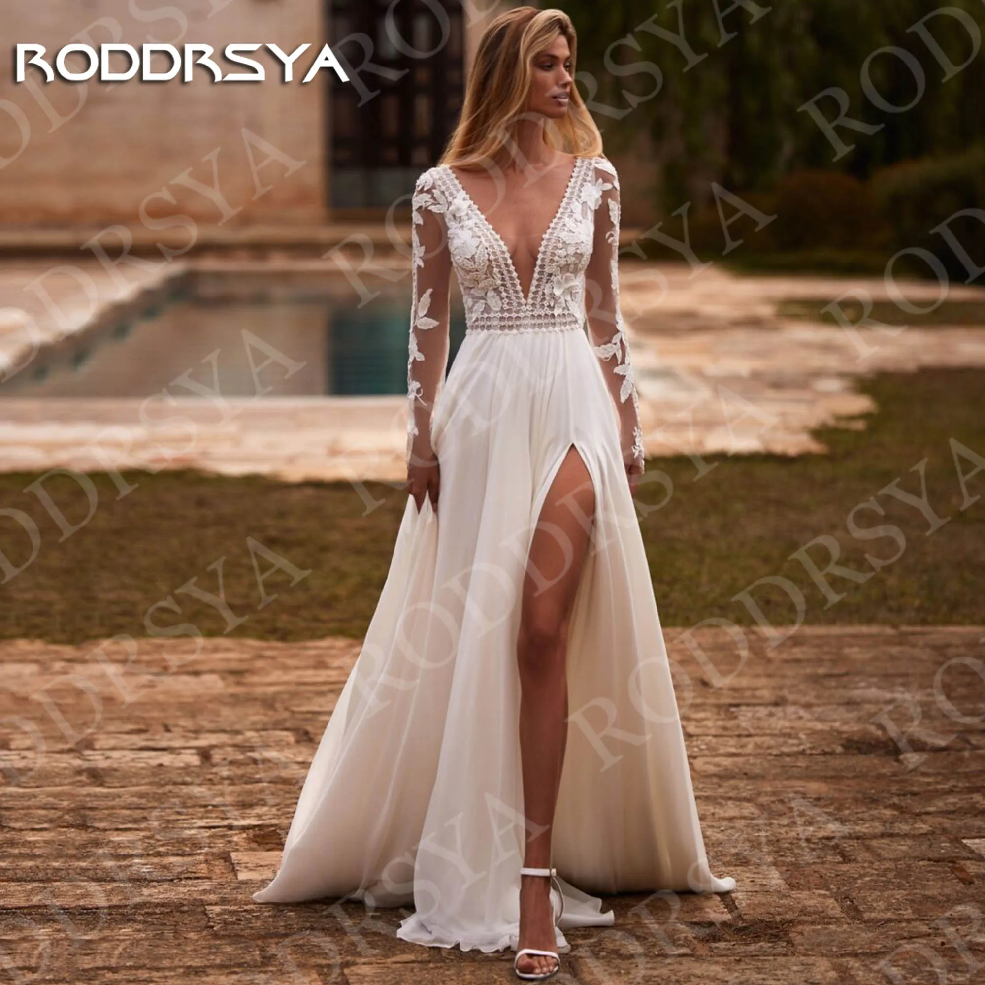 

RODDRSYA Свадебные платья в стиле бохо с длинными рукавами и глубоким v-образным вырезом с высоким разрезом и кружевной аппликацией свадебное платье трапециевидной формы пляжное женское платье с открытой спиной по инди