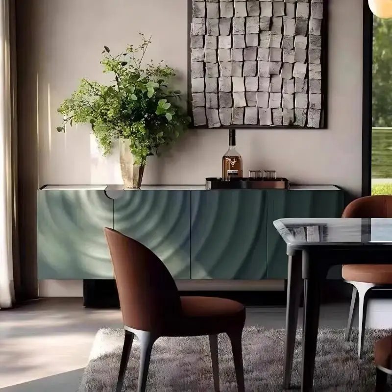Green Ripple Texture Sideboard Buffet with LED Light, Marble Top Storage Cabinet, Modern Dining Room Console Table
