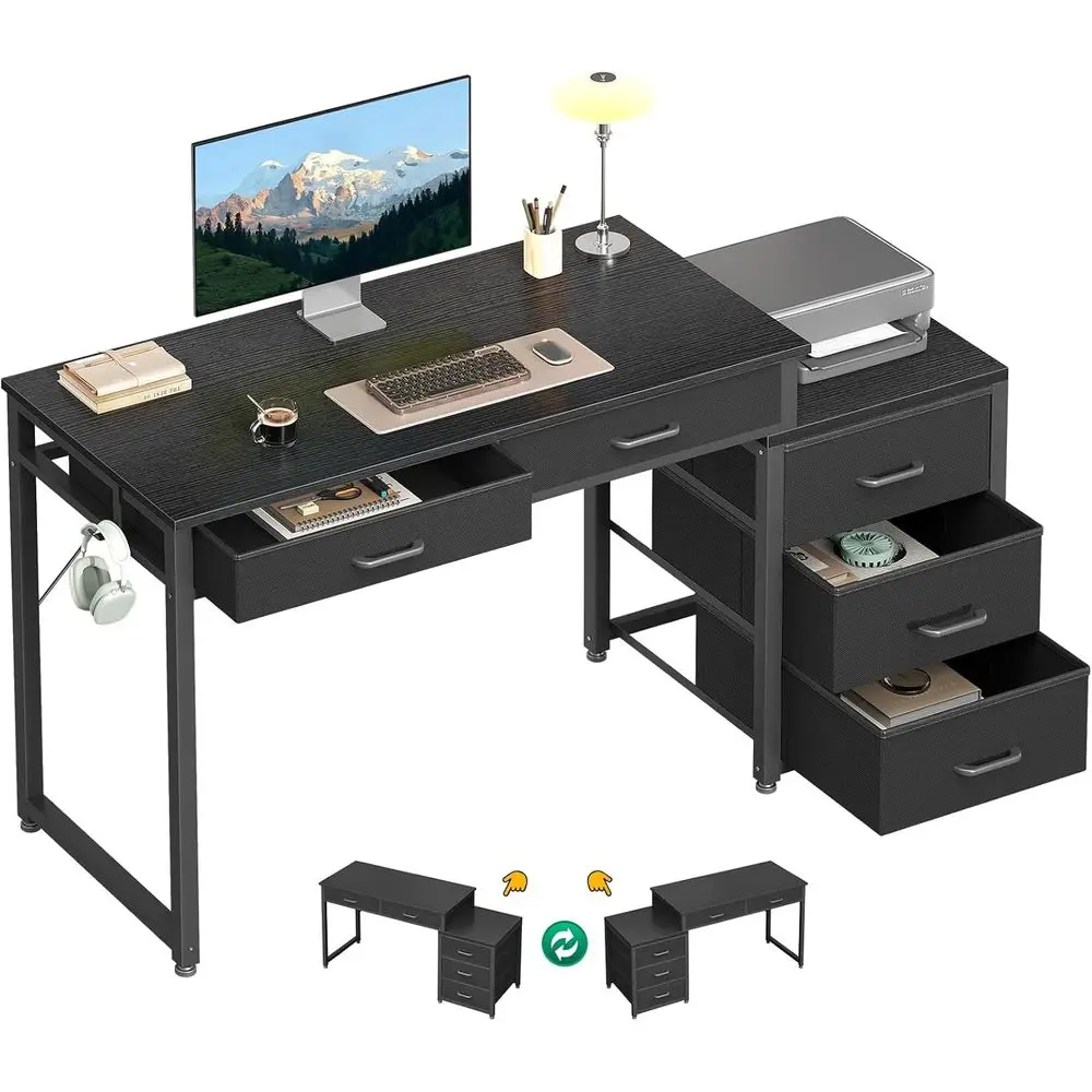 

53 Inch Desk with 5 Drawers, Printer Shelf, Reversible for Gaming/Bedroom, Storage Hooks, Black