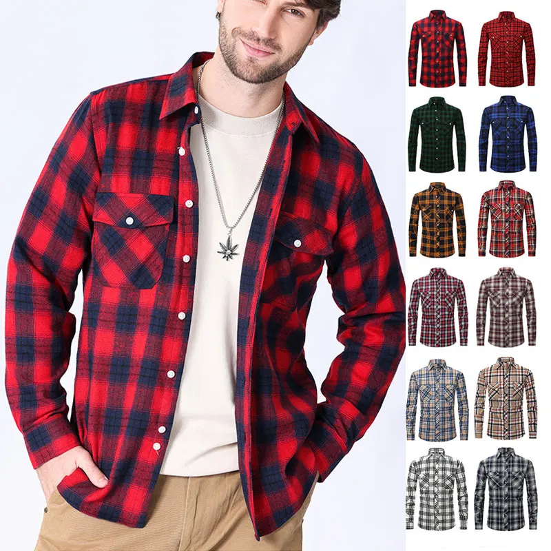 Eurocode-Camisa de algodón a cuadros para hombre, camisa de manga larga, color rojo cepillado, informal, de negocios, a la moda, sin hierro, para