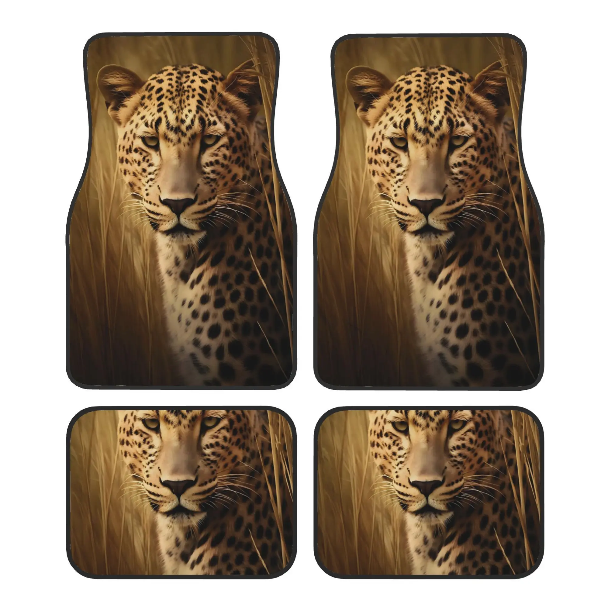 4pcs Leopard In Grass Field Floor Mats - Non-Slip Car Mats With Full Front & Rear Coverage, All-Weather Protection, Easy-to-Clea