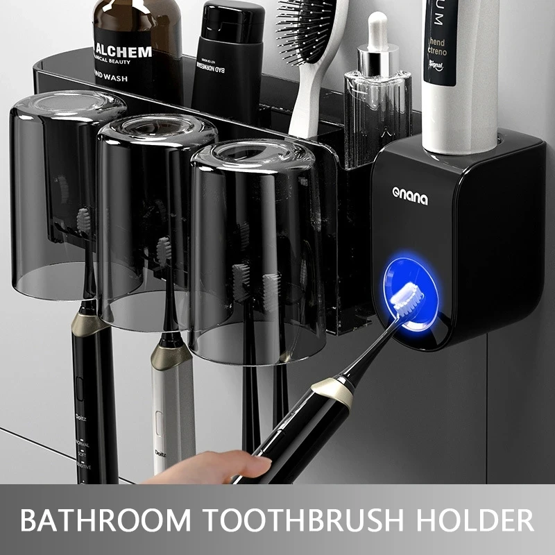 

Wall Toothbrush Holder With Magnetic Cup Toothbrush Stand Toothpaste Squeezer Storage Organizer Bathroom Accessories Set